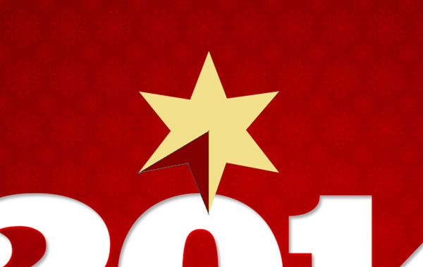 New Year Greeting Card - Golden Stars and Snowflakes on a Red Background in Adobe Photoshop CS6