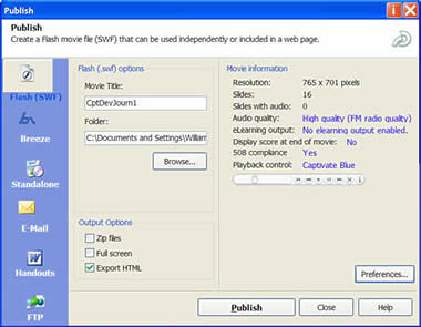The Publish dialog box specifies the output options of the Captivate project