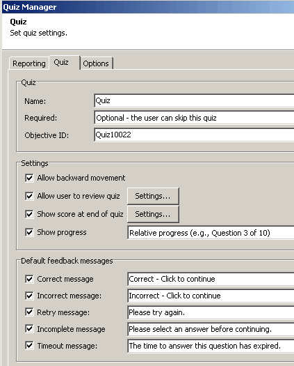 Settings in the Quiz Manager dialog box