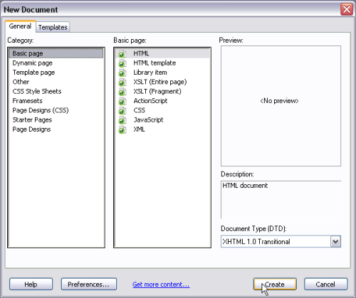 Creating a new XHTML document in Dreamweaver