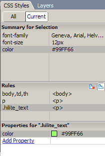 The Summary, Rules and Properties categories of the CSS Styles panel showing info for the hilite_text style class