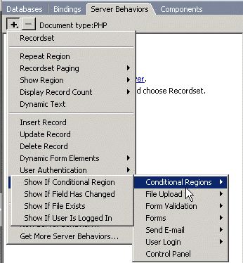 Accessing ImpAKT commands in the Server Behaviors tab of the Application panel