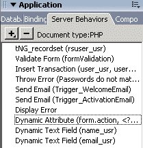 Server behaviors generated by the User Registration Wizard