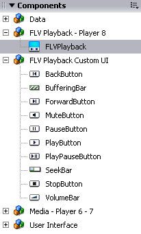 The Flash 8 Professional Components panel contains two new categories: FLV Playback – Player 8 and FLV Playback Custom UI.