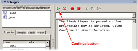 Continue button in the Debugger panel