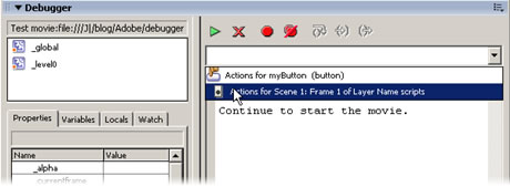 Script selection pop-up menu in the Debugger panel