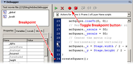 Setting a breakpoint in the Debugger panel