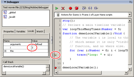 Locals tab in the Debugger panel
