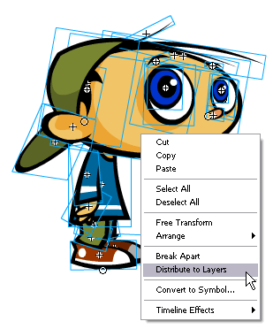 Selecting all symbols, then right-clicking the character and selecting Distribute to Layers