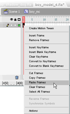 Right-clicking Frame 1 and selecting Paste Frames