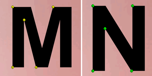 Shape hints added to control the morph between two letters (animation shown above)