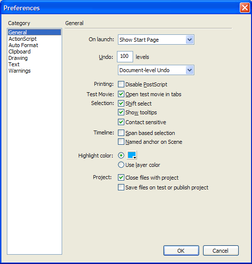 Figure 16. General category in the Preferences dialog box