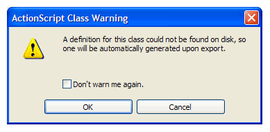 ActionScript Class Warning dialog box