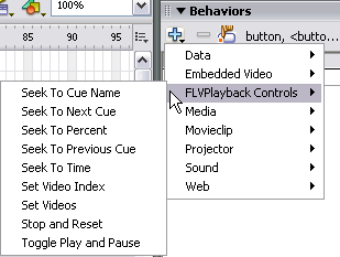 Seven FLVPlayback behaviors in the Behaviors panel