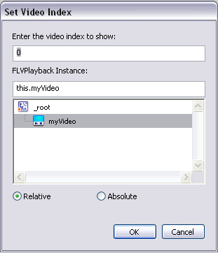 Set Video Index dialog box showing that the command will jump back to display the first video at index 0