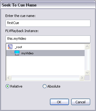 Seek to Cue Name dialog box showing that the behavior will make the video jump to the cue point named firstCue