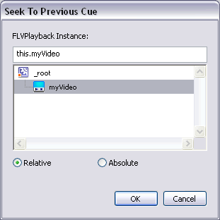 Seek to Previous Cue dialog box with the selected component instance