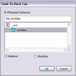 Seek to Next Cue dialog box showing the selected component instance