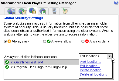 Security settings in the Flash Player Settings Manager