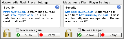 Figure 1. If a movie made for Macromedia Flash Player 6 or earlier makes a forbidden data-loading request that would have been permitted in version 6, Macromedia Flash Player 7 displays this dialog box.