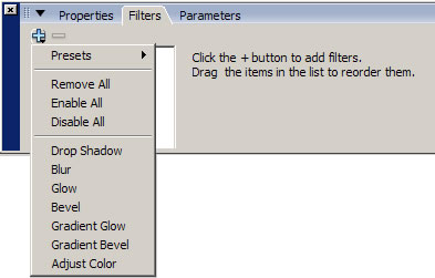 Add Filter menu in the Property inspector