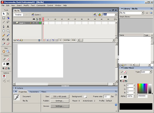The Flash authoring environment includes a Stage where you can place and manipulate assets.