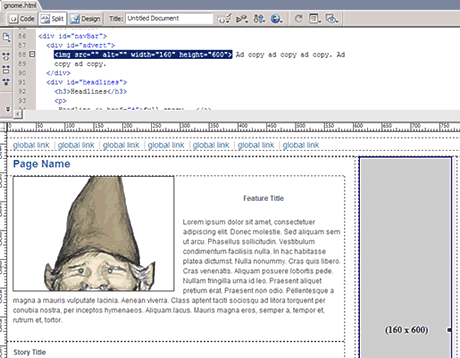 Select the large image placeholder on the right side of the web page in Dreamweaver.