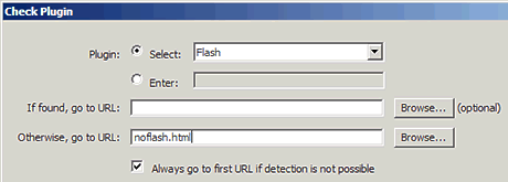 Make these selections to add Flash Player detection in Dreamweaver using a behavior.