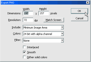 Export PNG dialog box with appropriate settings