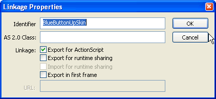 The completed Linkage Properties dialog box for the BlueButtonUpSkin identifier
