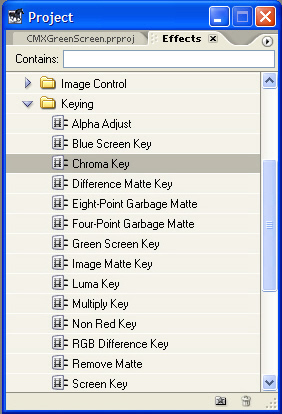 Choosing the Chroma Key plug-in available for keying video