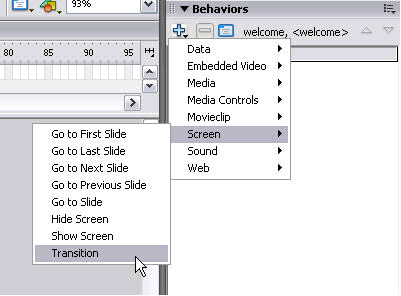 Behaviors panel's Screen menu