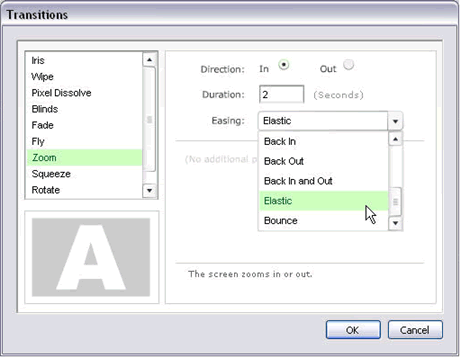 Transitions dialog box modifying the Zoom transition