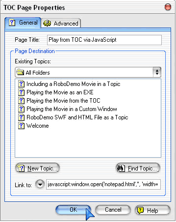 The TOC Page Properties dialog box