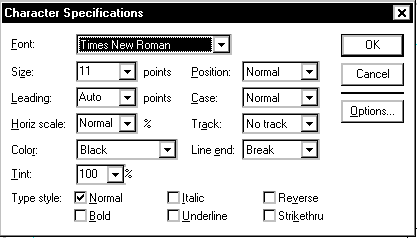 character specifications dialog box