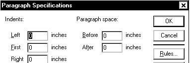 paragraph specifications dialog box