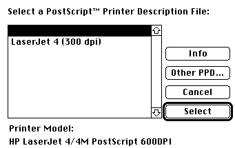 printer description dialog box