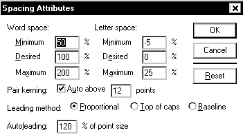 spacing attributes dialog box
