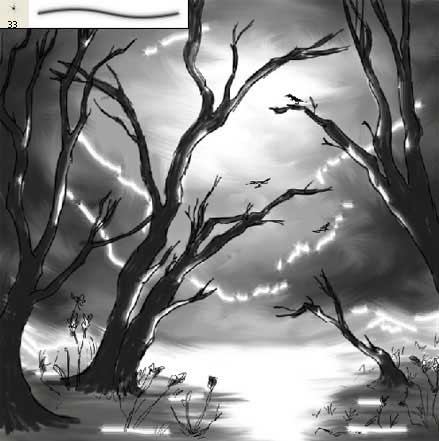 picture a landscape's etude in black and white colors in adobe Photoshop cs